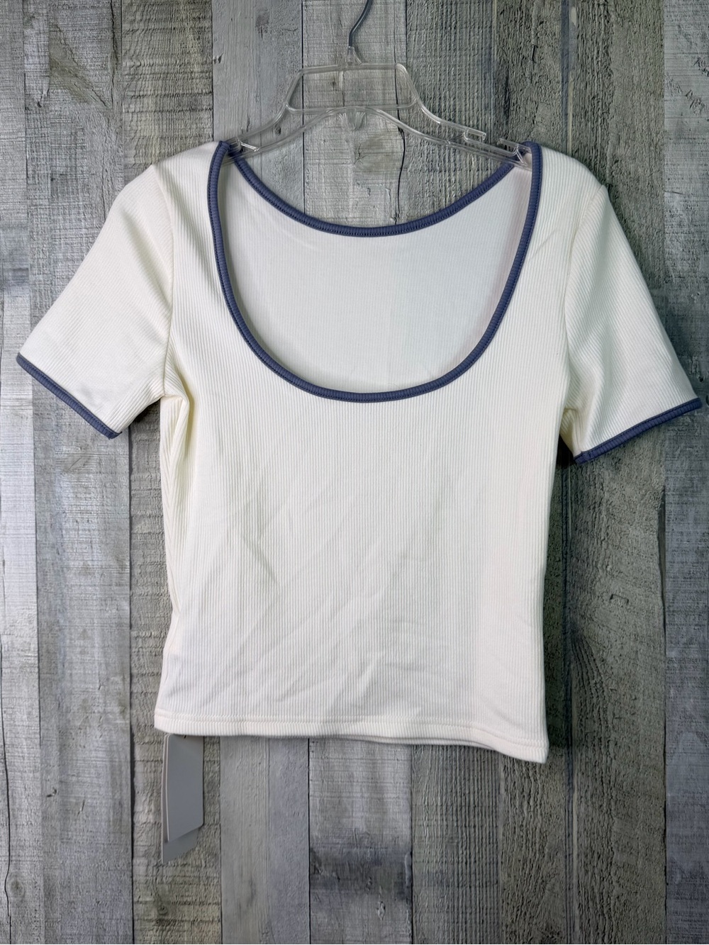 Dazy Medium Short Sleeve Scoop-neck Cropped Ribbed Top Cream & Gray/Blue